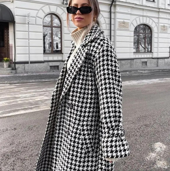Loose Houndstooth Women Trench Coat Elegant Lapel High-end Fashion Office Jacket - Picture 2 of 12